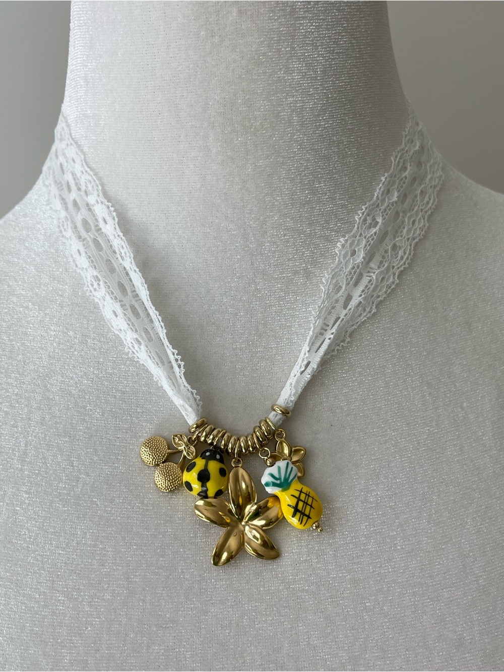 Gold & Yellow Pineapple ladybug Charm Lace Necklace